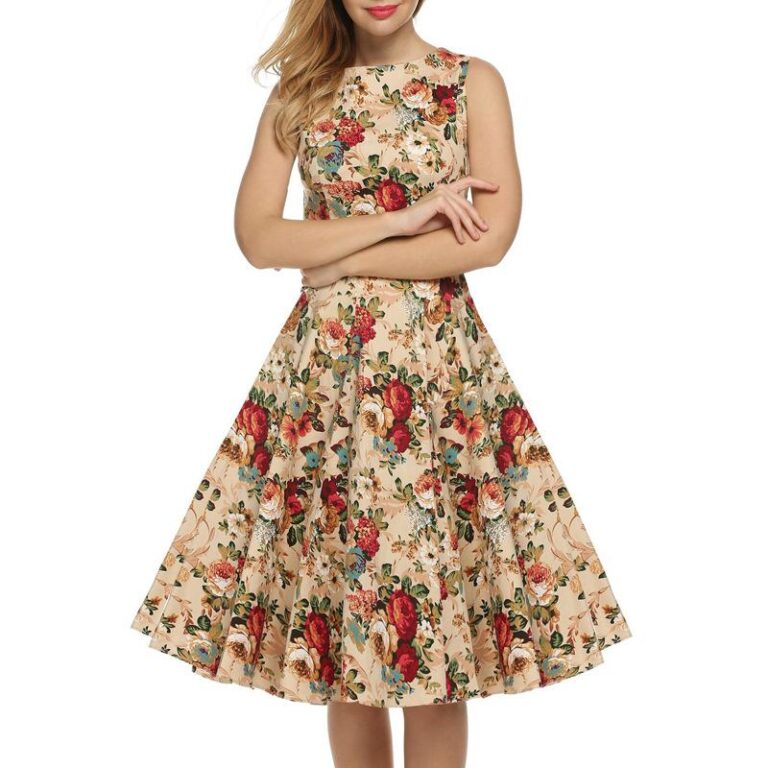 Celino Women's Vintage Boat Neck Non Sleeve Floral Printed Tan Tea Dress - Celino Corp.