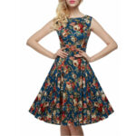 Celino Women's Vintage Boat Neck Non Sleeve Floral Printed BlueTea Dress - Celino Corp.