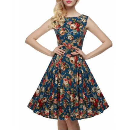 Celino Women's Vintage Boat Neck Non Sleeve Floral Printed BlueTea Dress - Celino Corp.
