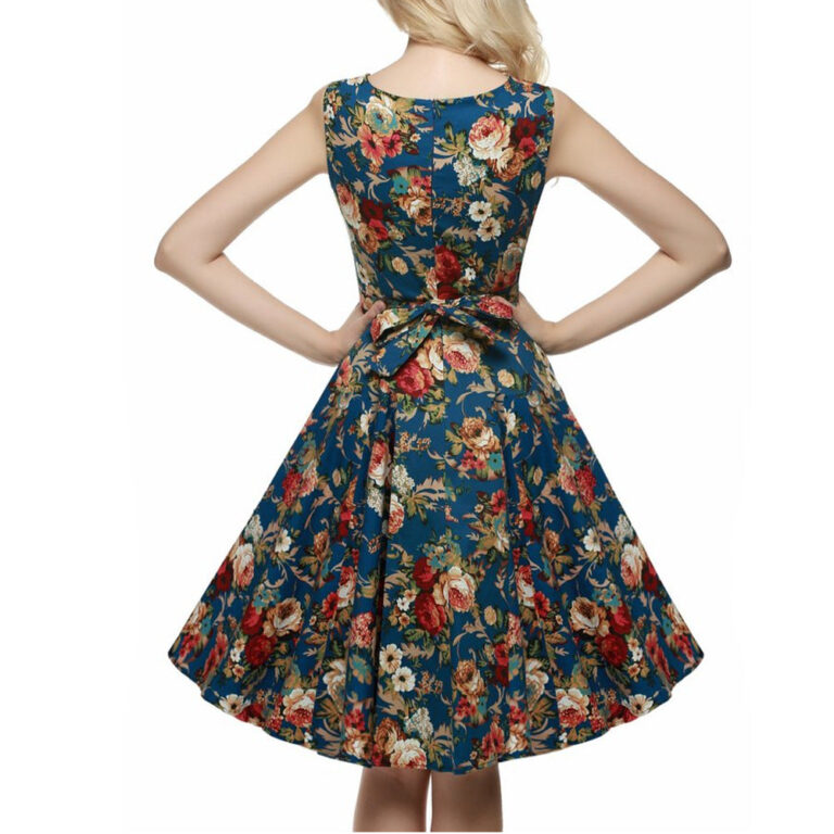 Celino Women's Vintage Boat Neck Non Sleeve Floral Printed BlueTea Dress - Celino Corp.