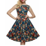 Celino Women's Vintage Boat Neck Non Sleeve Floral Printed BlueTea Dress - Celino Corp.