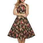 Celino Women's Vintage Boat Neck Non Sleeve Floral Printed Black Tea Dress - Celino Corp.