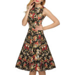 Celino Women's Vintage Boat Neck Non Sleeve Floral Printed Black Tea Dress - Celino Corp.