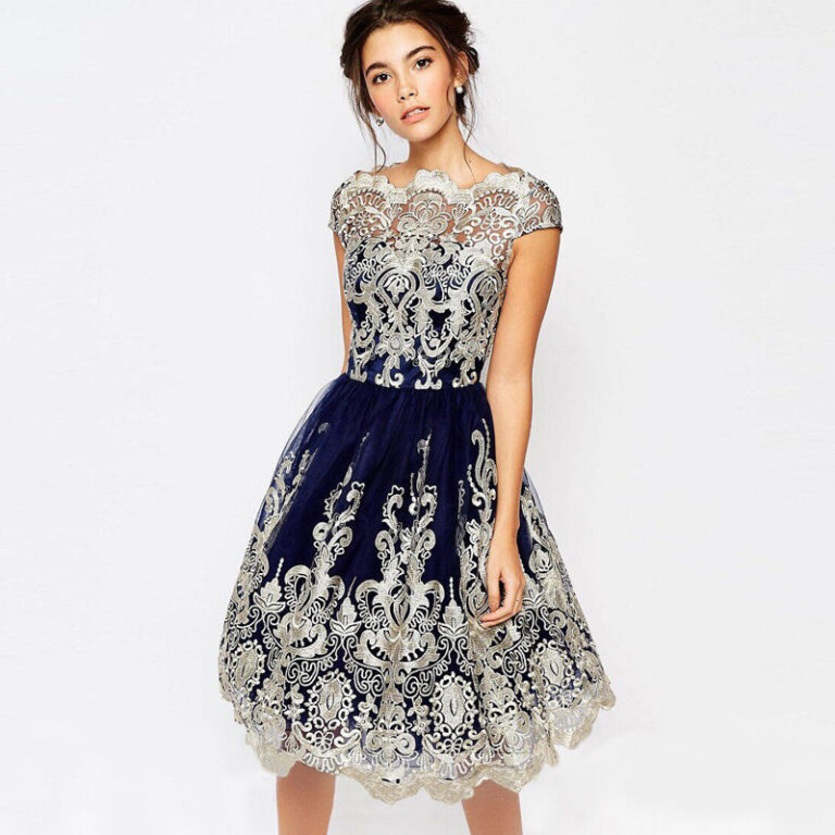 Celino Women's Short Sleeve Floral Lace Blue Mini Dress - Celino Corp.