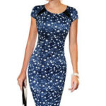 Celino Women's Short Sleeve Office Party Blue Stars Pencil Bodycon Dress - Celino Corp.