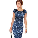 Celino Women's Short Sleeve Office Party Blue Stars Pencil Bodycon Dress - Celino Corp.