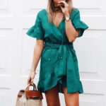 Celino Women's Deep V-Neck Solid Green Ruffle Sleeve Summer Mini Dress - Image 4
