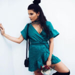 Celino Women's Deep V-Neck Solid Green Ruffle Sleeve Summer Mini Dress