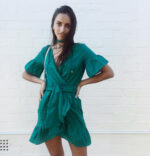 Celino Women's Deep V-Neck Solid Green Ruffle Sleeve Summer Mini Dress - Image 2