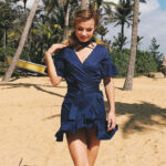 Celino Women's Deep V-Neck Solid Blue Ruffle Sleeve Summer Mini Dress