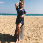 Celino Women's Deep V-Neck Solid Blue Ruffle Sleeve Summer Mini Dress - Image 3