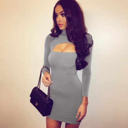 Celino Women Cocktail  Long Sleeve Above Knee-Length Grey Bodycon Dress
