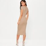 Celino Women Round-Neck Short Sleeve Party Club Bodycon Khaki Midi Dress - Image 4