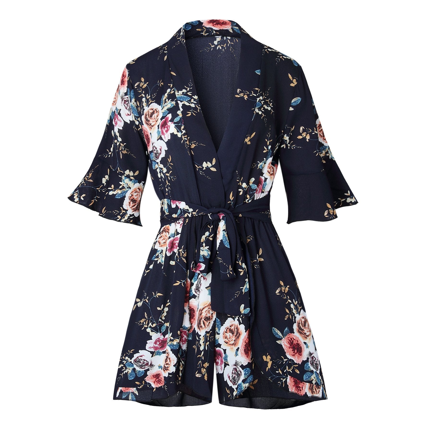 CEBDR198_1 Celino Women Navy Blue Floral V-Neck Short Sleeve Party Club Mini Dress - Celino Corp.