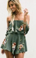 Celino Women Green Floral Print Off Shoulder Short Sleeve Mini Dress - Image 4