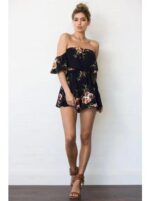 Celino Women Navy Blue Floral Print Off Shoulder Short Sleeve Mini Dress