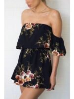 Celino Women Navy Blue Floral Print Off Shoulder Short Sleeve Mini Dress - Image 4