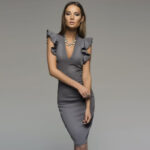 Celino Women's Sexy Solid Gray Deep V Neck Midi Dress - Celino Corp.