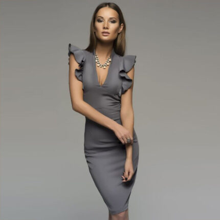 Celino Women's Sexy Solid Gray Deep V Neck Midi Dress - Celino Corp.