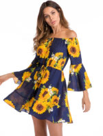 Celino Women's Sexy Blue Sun FLower Off shoulder Mini Dress - Celino Corp.