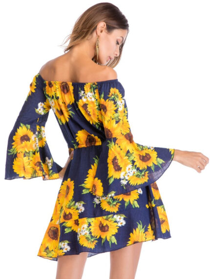 Celino Women's Sexy Blue Sun FLower Off shoulder Mini Dress - Celino Corp.