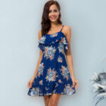Celino Women's Sexy Blue Sleeveless Floral Deep V Neck Short Dress - Celino Corp.