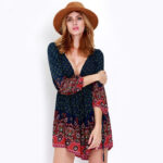 Celino Women's Sexy Red And Black Long Sleeve Floral Deep V Neck Short Dress - Celino Corp.