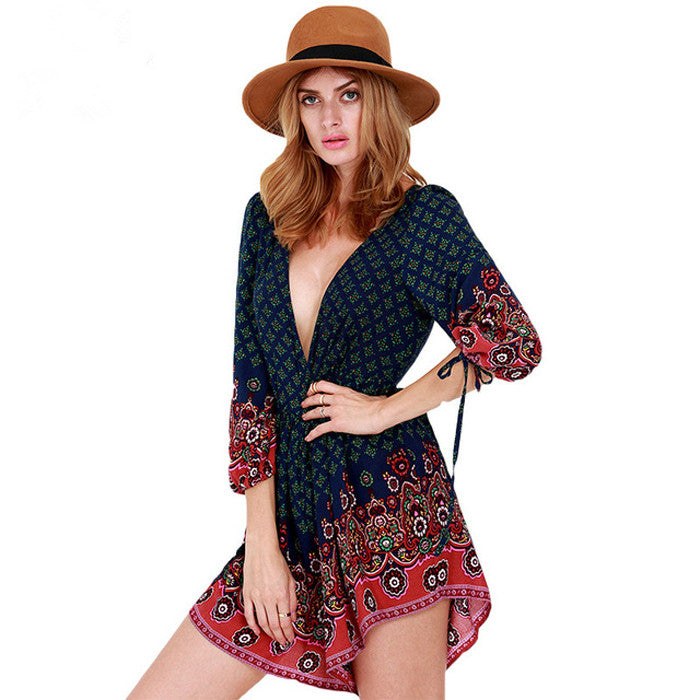 Celino Women's Sexy Red And Black Long Sleeve Floral Deep V Neck Short Dress - Celino Corp.