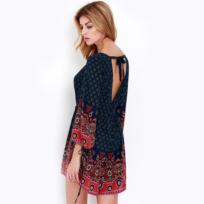 Celino Women's Sexy Red And Black Long Sleeve Floral Deep V Neck Short Dress - Celino Corp.