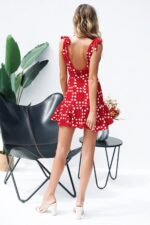 Celino Women's Sexy Polka Dot Red Deep O Neck Backless Ruffle Mini Dress - Celino Corp.