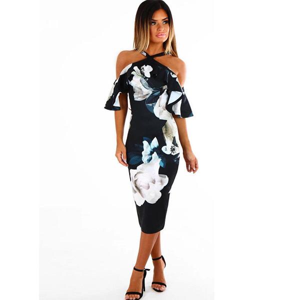 Celino Women's Black Color Cold Shoulder Floral Printed Summer Midi Dress - Celino Corp.