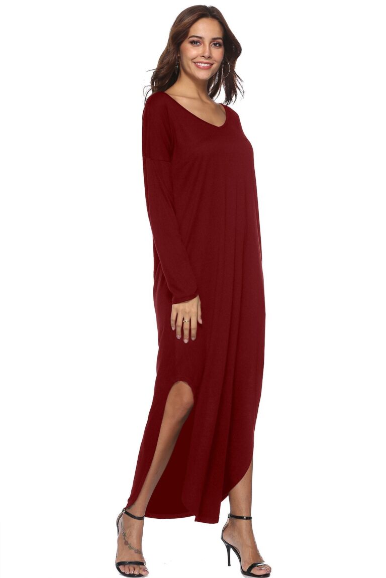 Celino Ladies Casual Forking V-Neck Loose Solid Long Cotton Autumn Dresses - Celino Corp.