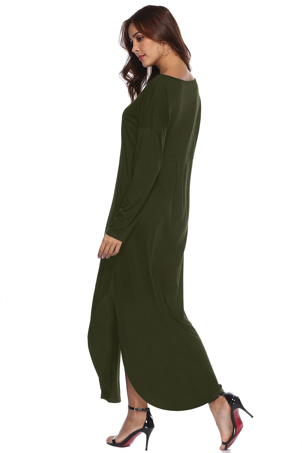 CEBDR299_2 Celino Ladies Green Casual Forking V-Neck Loose Solid Long Cotton Autumn Dresses - Celino Corp.