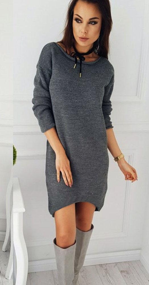 Celino Ladies Grey Spring Autumn Sexy Long Sleeve Crew Neck Knitted Midi Dress - Celino Corp.