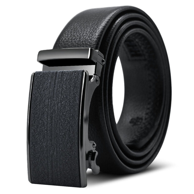 Black Adjustable Ratchet Slide Buckle Belt for Men - Genuine Leather Automatic Belt with No Holes - Celino Corp.