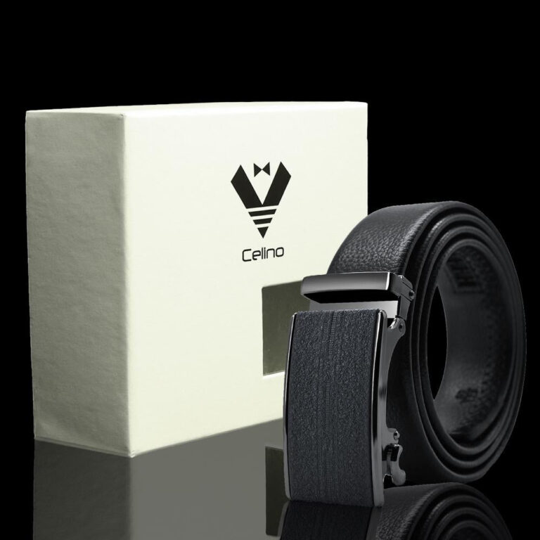 Black Adjustable Ratchet Slide Buckle Belt for Men - Genuine Leather Automatic Belt with No Holes - Celino Corp.