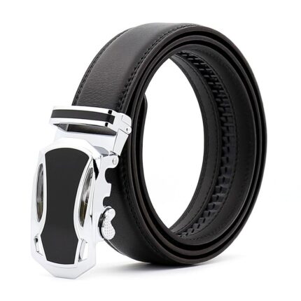 Black & Silver Adjustable Ratchet Slide Buckle Belt for Men - Genuine Leather Automatic Belt with No - Celino Corp.