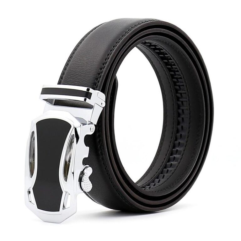 Black & Silver Adjustable Ratchet Slide Buckle Belt for Men - Genuine Leather Automatic Belt with No - Celino Corp.