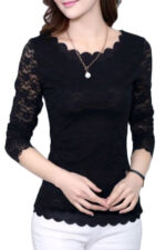 Black Women's Long Sleeve  Black Casual V-Neck Floral Printing T-Shirt Tops - Image 3