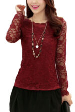Burgundy Women's Long Sleeve  Black Casual V-Neck Floral Printing T-Shirt Tops - Image 4