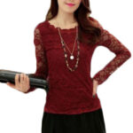 Burgundy Women's Long Sleeve  Black Casual V-Neck Floral Printing T-Shirt Tops