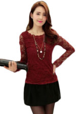 Burgundy Women's Long Sleeve  Black Casual V-Neck Floral Printing T-Shirt Tops
