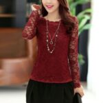 Burgundy Women's Long Sleeve  Black Casual V-Neck Floral Printing T-Shirt Tops - Image 2