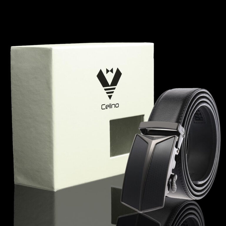 Black Adjustable Ratchet Slide Buckle Belt for Men - Genuine Leather Automatic Belt with No Holes - Celino Corp.