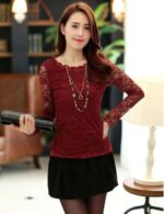 Burgundy Women's Long Sleeve  Black Casual V-Neck Floral Printing T-Shirt Tops - Image 5
