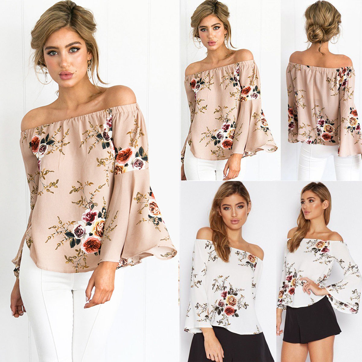 CEBL01-03_2 Tan Women's Long Sleeve Black Casual V-Neck Floral Printing T-Shirt Tops - Image 1