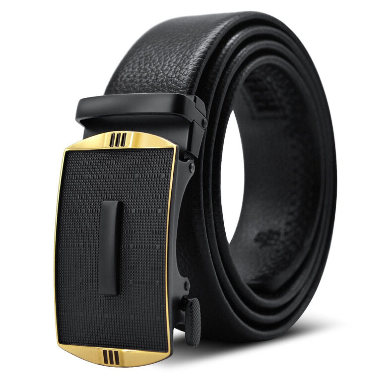 Black & Gold Adjustable Ratchet Slide Buckle Belt for Men - Genuine Leather Automatic Belt with No - Celino Corp.