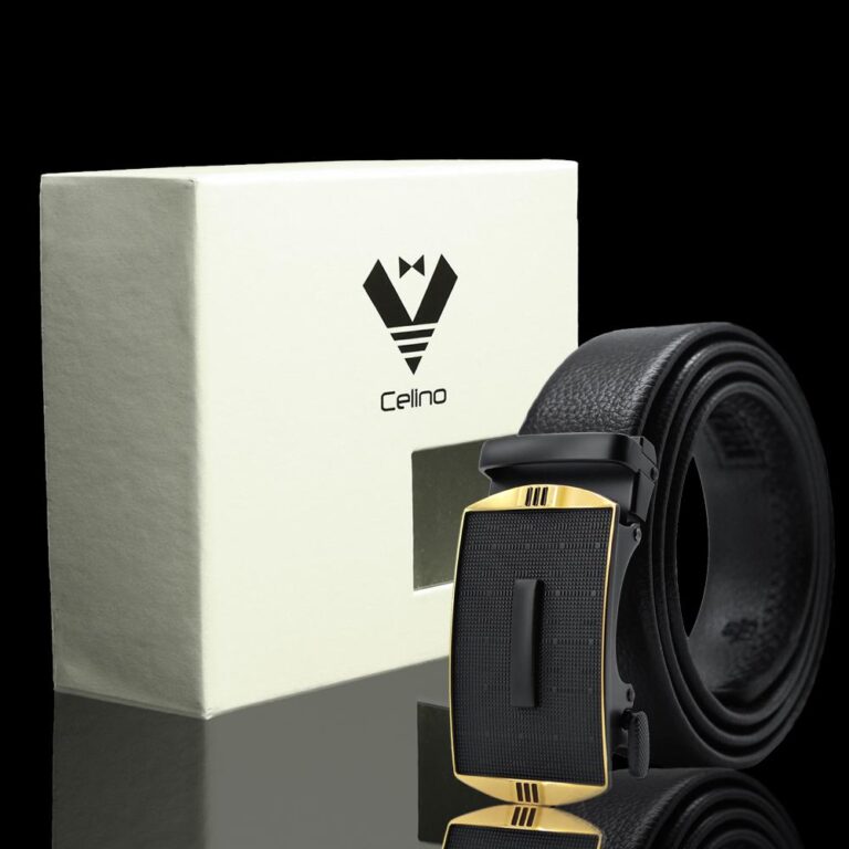 Black & Gold Adjustable Ratchet Slide Buckle Belt for Men - Genuine Leather Automatic Belt with No - Celino Corp.