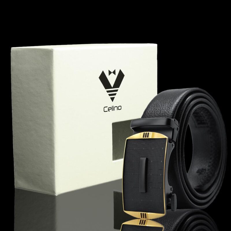 Black & Gold Adjustable Ratchet Slide Buckle Belt for Men - Genuine Leather Automatic Belt with No - Celino Corp.