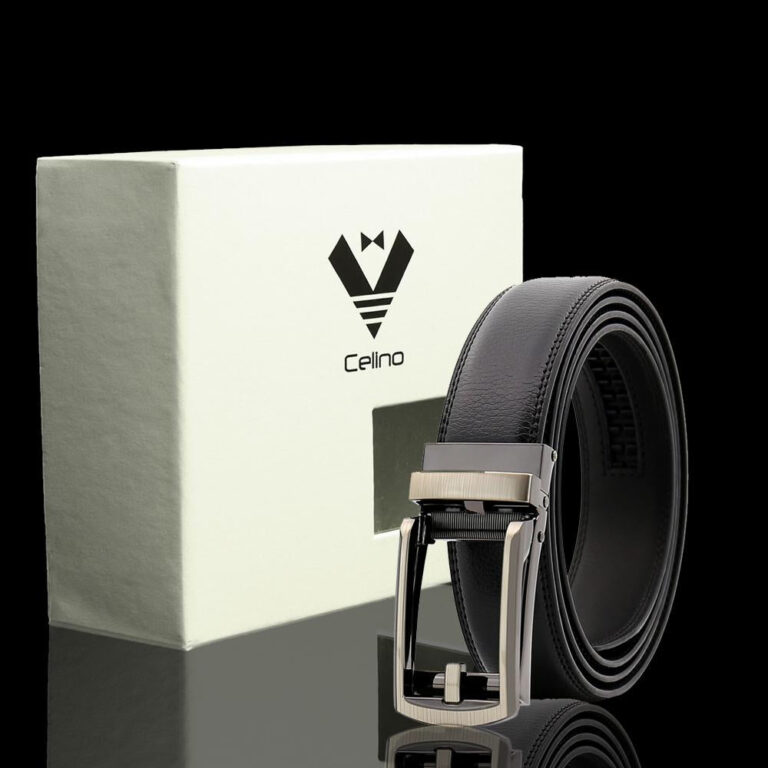 Black Gun Metal Adjustable Ratchet Slide Buckle Belt for Men - Genuine Leather Automatic Belt with - Celino Corp.